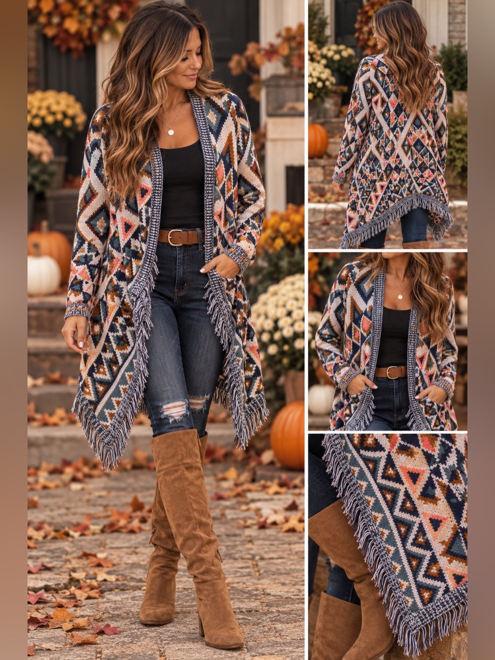 Arizona Jean Co. Geometric Aztec Fringe Open Front Cardigan Sweater XS